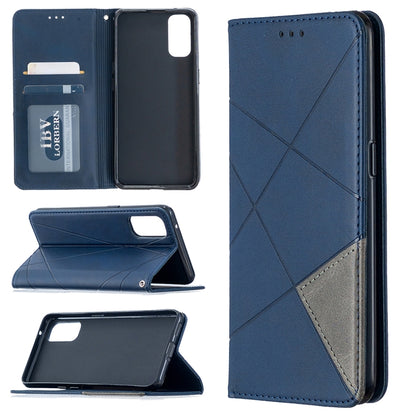 Magnetic leather flip phone case with rhombus texture, card slots, navy blue finish.