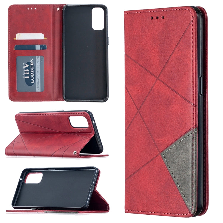 Magnetic leather flip phone case with rhombus texture, card slots, deep red finish.