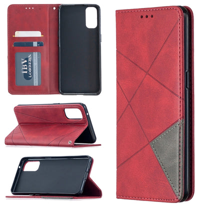 Magnetic leather flip phone case with rhombus texture, card slots, deep red finish.