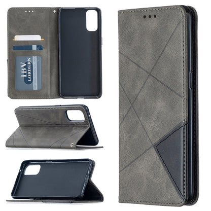 Magnetic leather flip phone case with rhombus texture, card slots, charcoal gray finish.