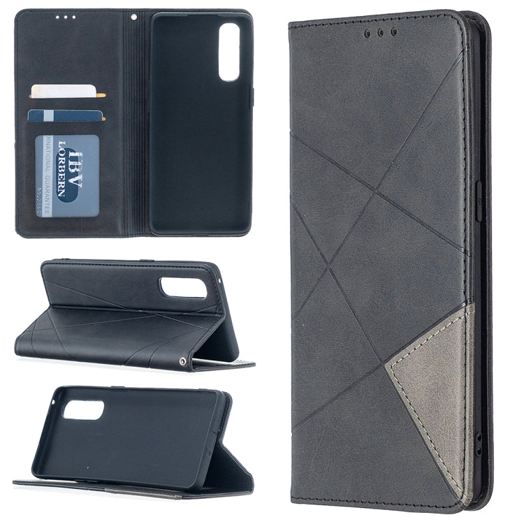 Magnetic leather flip phone case with rhombus texture, card slots, dark gray finish.