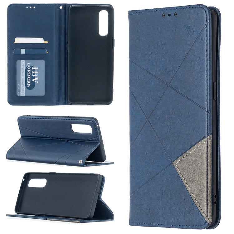 Magnetic leather flip phone case with rhombus texture, card slots, light blue finish.
