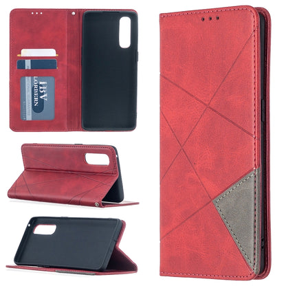 Magnetic leather flip phone case with rhombus texture, card slots, bright red finish.