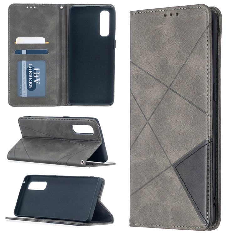 Grey rhombus-texture magnetic folio leather case with card slots, flip cover and stand