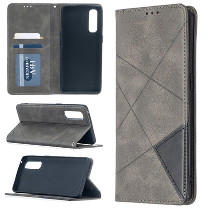 Grey rhombus-texture magnetic folio leather case with card slots, flip cover and stand