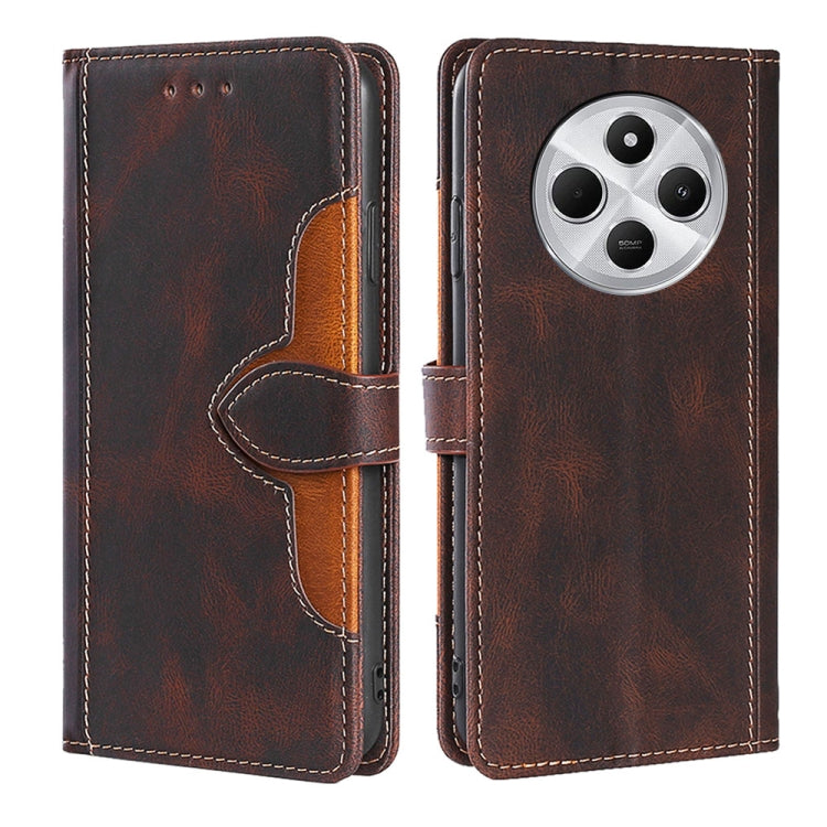 Brown leather wallet phone case with magnetic buckle and card slots, flip cover.