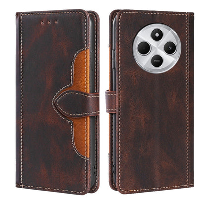 Brown leather wallet phone case with magnetic buckle and card slots, flip cover.