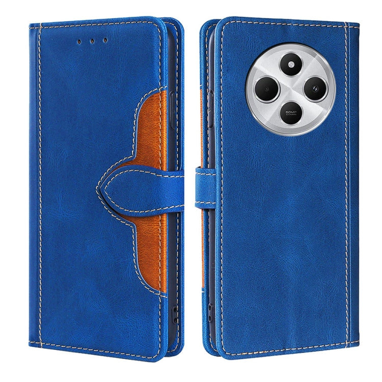 Blue leather wallet phone case with magnetic buckle and card slots, flip cover.