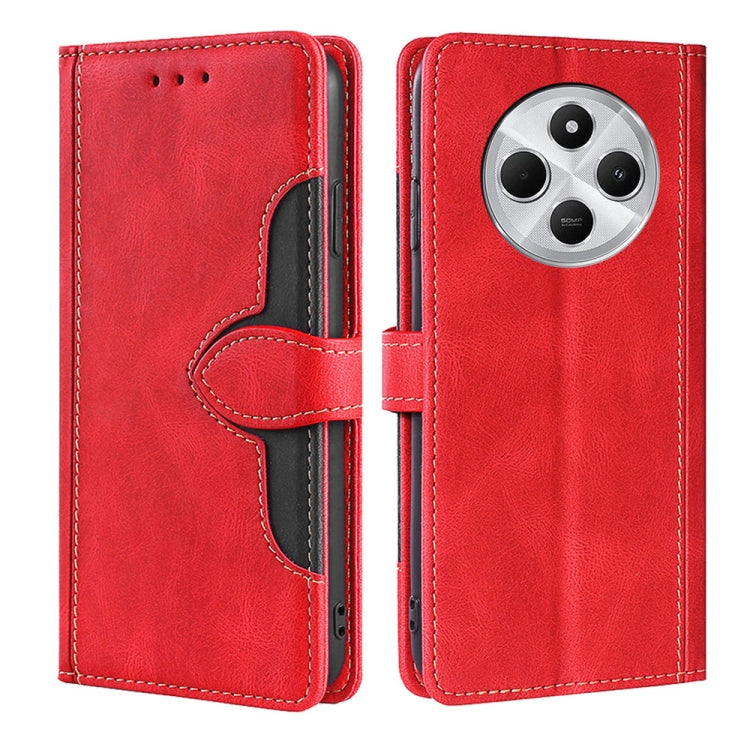 Red leather wallet phone case with magnetic buckle and card slots, flip cover.