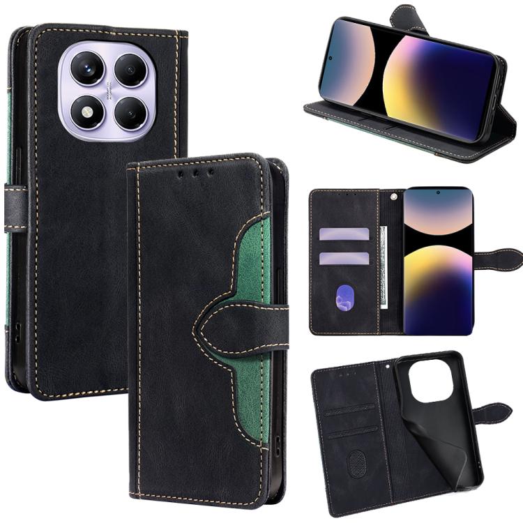 Magnetic buckle leather wallet phone case, black with green stitched outline and card slots