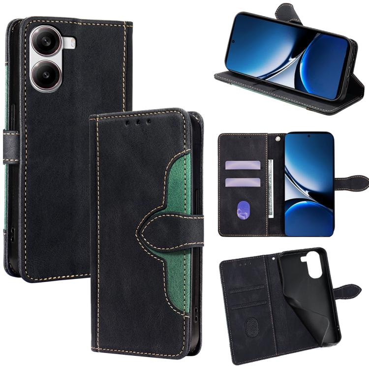 Magnetic buckle leather wallet phone case, black with magnetic flip cover and green trim