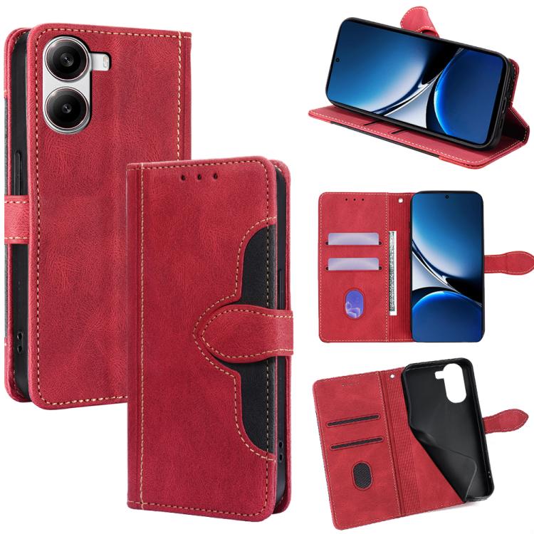 Magnetic buckle leather wallet phone case, red with card slots and fold-out viewing stand