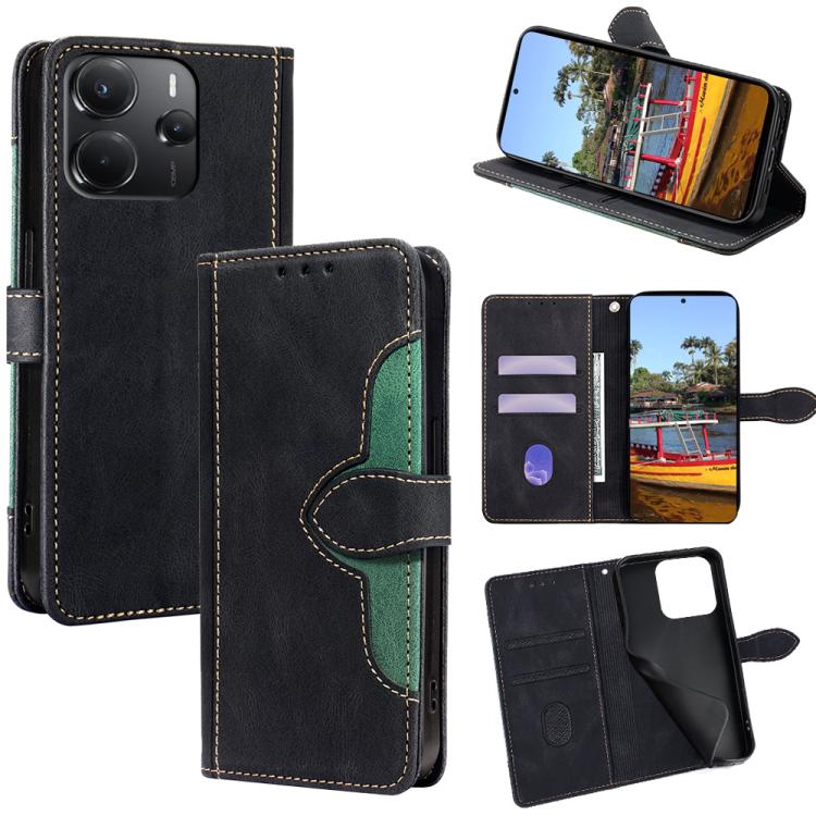 Magnetic buckle leather wallet phone case, black with green accent stitching