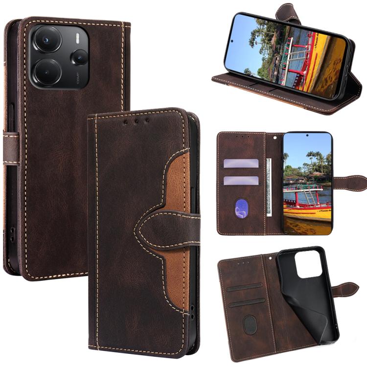 Magnetic buckle leather wallet phone case, brown with tan edge stitching and card slots