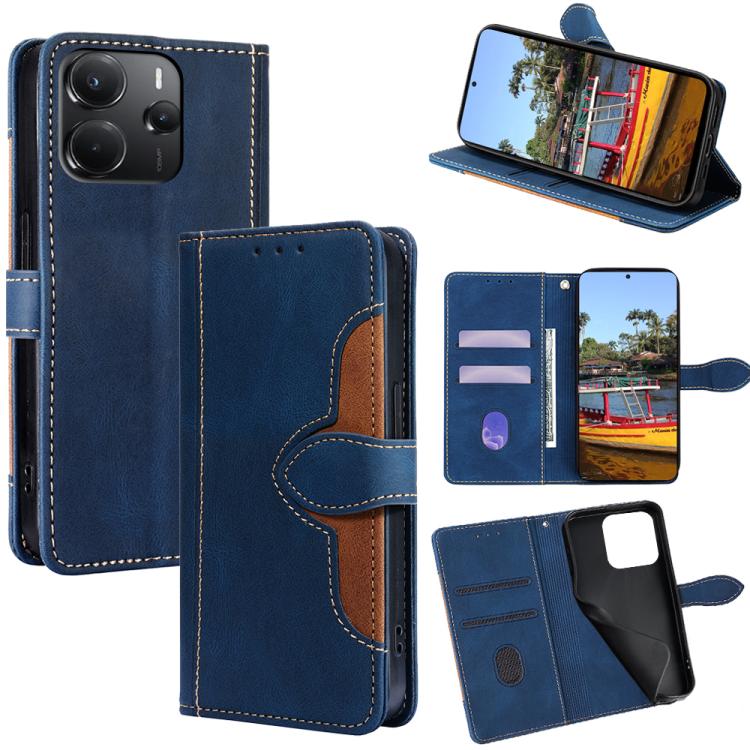 Magnetic buckle leather wallet phone case, blue with contrast stitching and magnetic stand