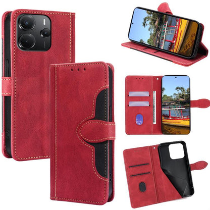 Magnetic buckle leather wallet phone case, red with stitched flap and card slots
