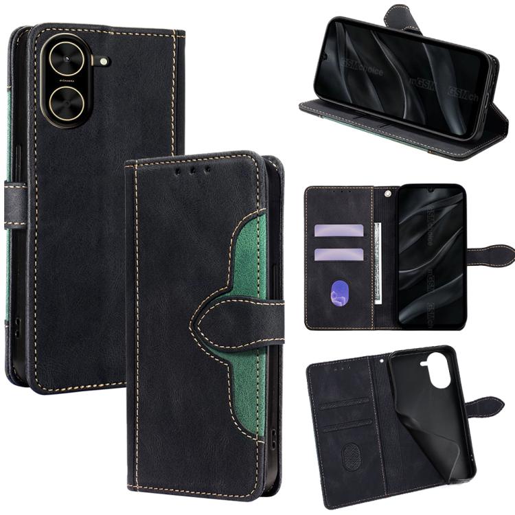 Black leather magnetic buckle phone case with folio cover, card slots, and stand