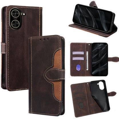 Brown leather magnetic buckle phone case with folio cover, card slots, and stand