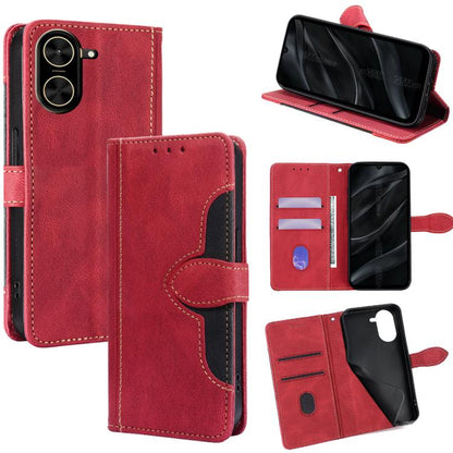 Red leather folio phone case with magnetic buckle, card slots, and angled viewing stand