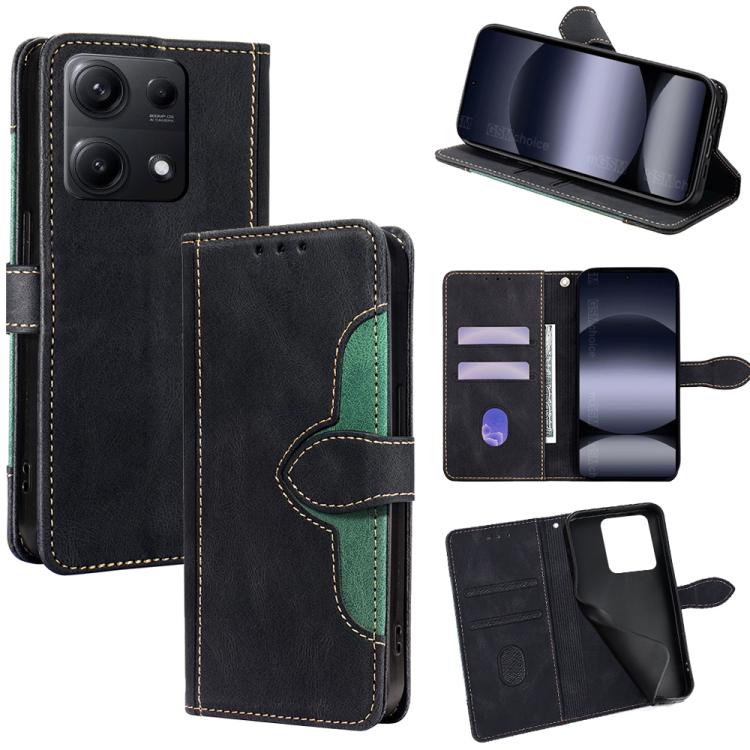 Dark leather folio phone case with magnetic buckle, card slots, and angled viewing stand