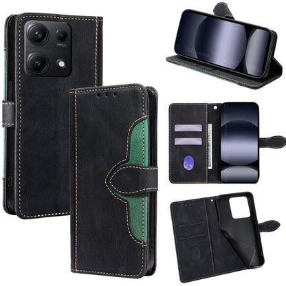 Dark leather folio phone case with magnetic buckle, card slots, and angled viewing stand