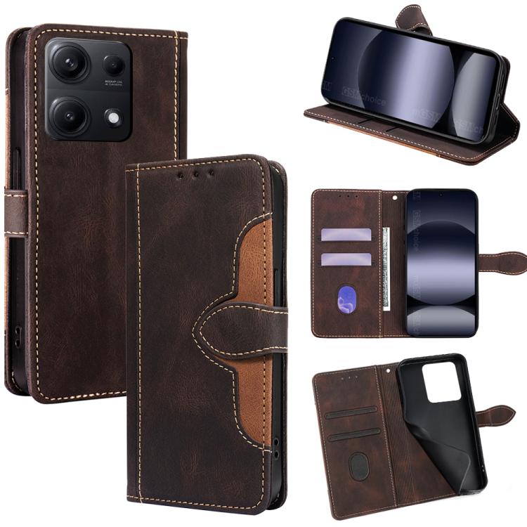 Brown leather folio phone case with magnetic buckle, card slots, and angled viewing stand