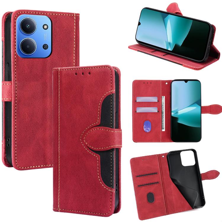 Red leather folio phone case with magnetic buckle and card holder compartments