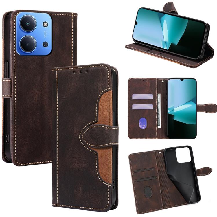 Brown leather phone case with magnetic buckle, card slots, and flip cover