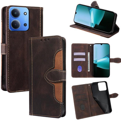 Brown leather phone case with magnetic buckle, card slots, and flip cover