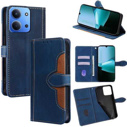 Blue leather phone case with magnetic buckle, card slots, and flip cover