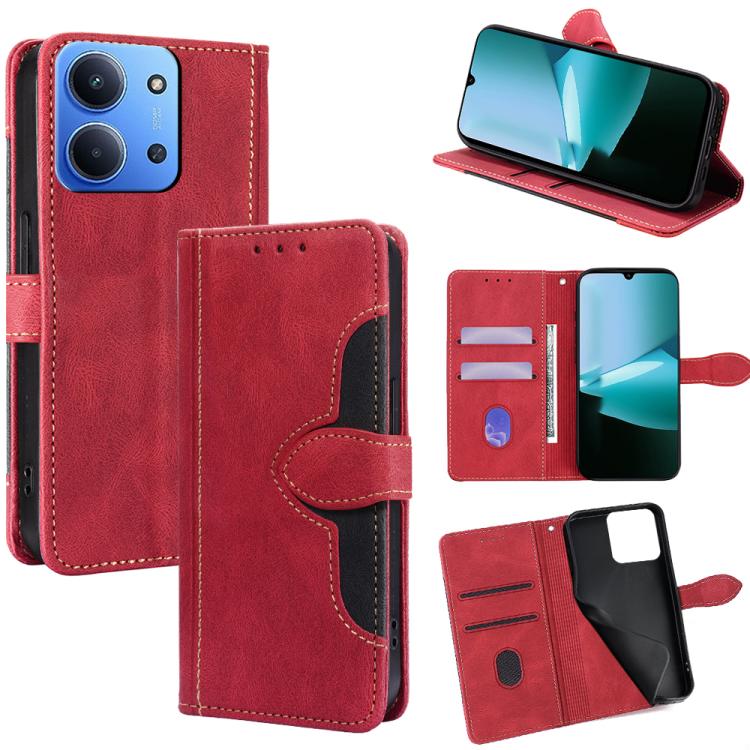 Red leather phone case with magnetic buckle, card slots, and flip cover