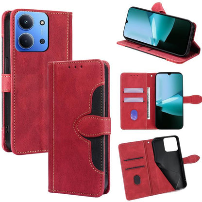 Red leather phone case with magnetic buckle, card slots, and flip cover