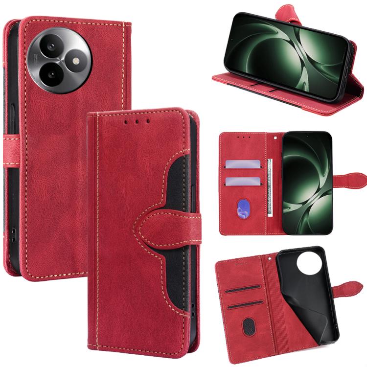 Red leather magnetic buckle phone case with folio cover, card slots, and stand