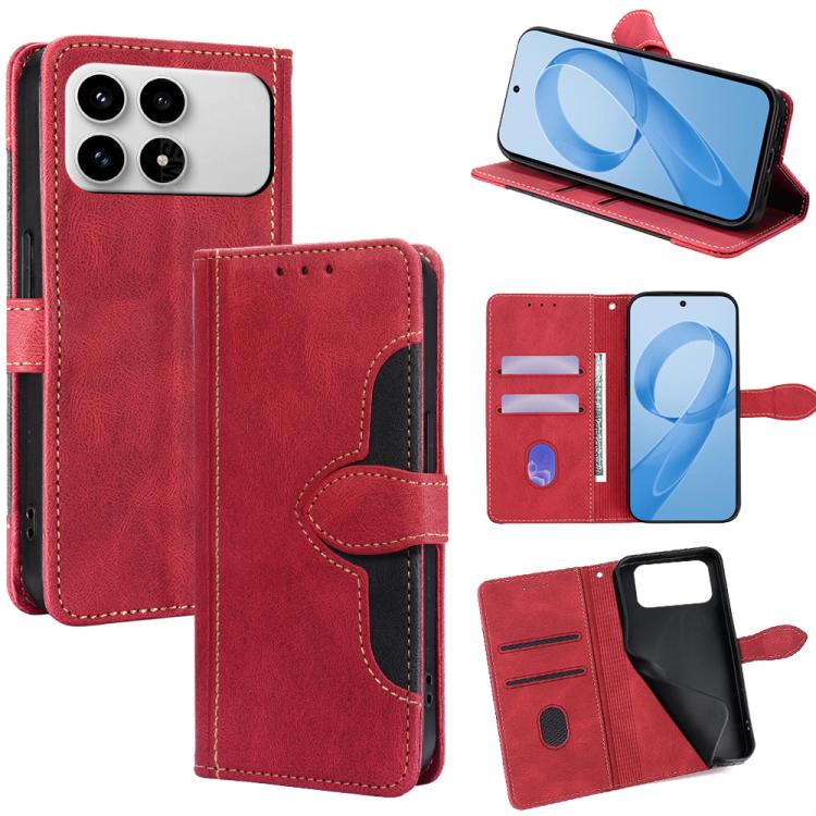 Red leather magnetic buckle wallet phone case with card slots and kickstand