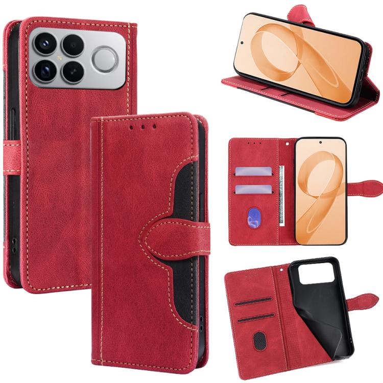 Red leather magnetic buckle wallet phone case with card slots and viewing stand