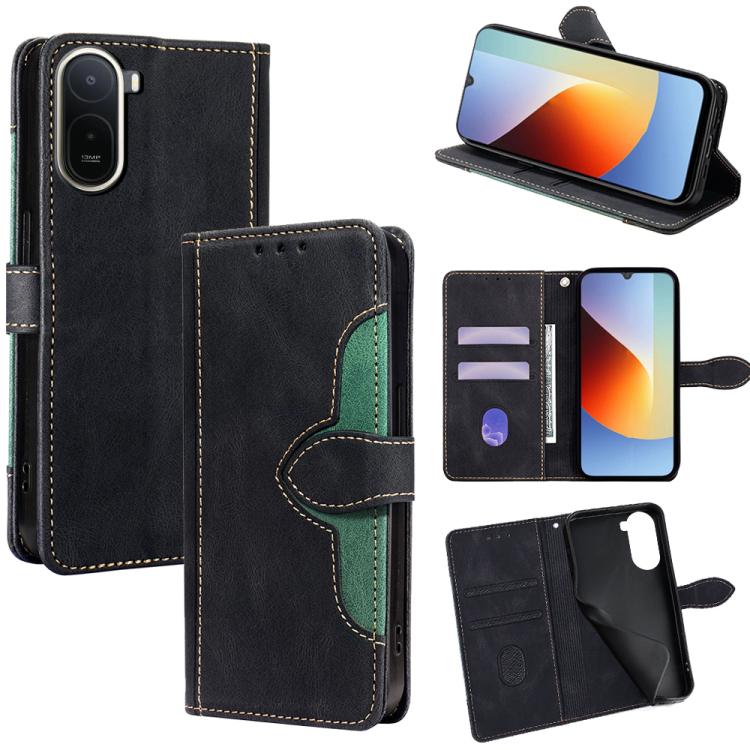 Black leather flip phone case with green stitching and magnetic buckle wallet cover.