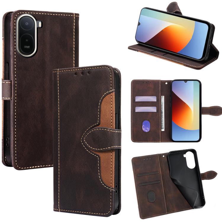 Brown leather flip phone case with tan stitching and magnetic buckle wallet cover.