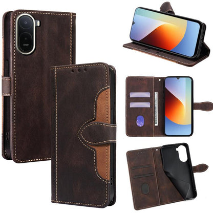 Brown leather flip phone case with tan stitching and magnetic buckle wallet cover.