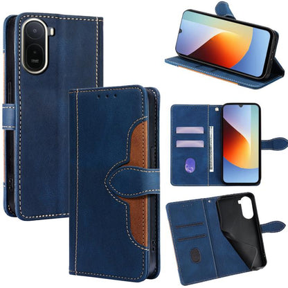Blue leather flip phone case with light-blue stitching and magnetic buckle wallet cover.