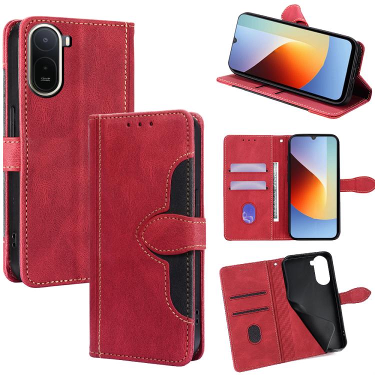 Red leather flip phone case with red stitching and magnetic buckle wallet cover.