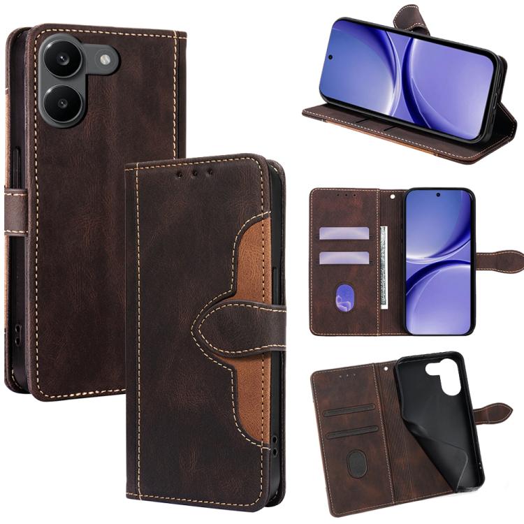 Brown magnetic buckle leather phone case with side buttons access and flip cover
