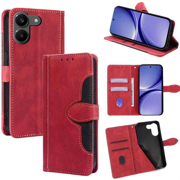 Red magnetic buckle leather phone case with side buttons access and flip cover