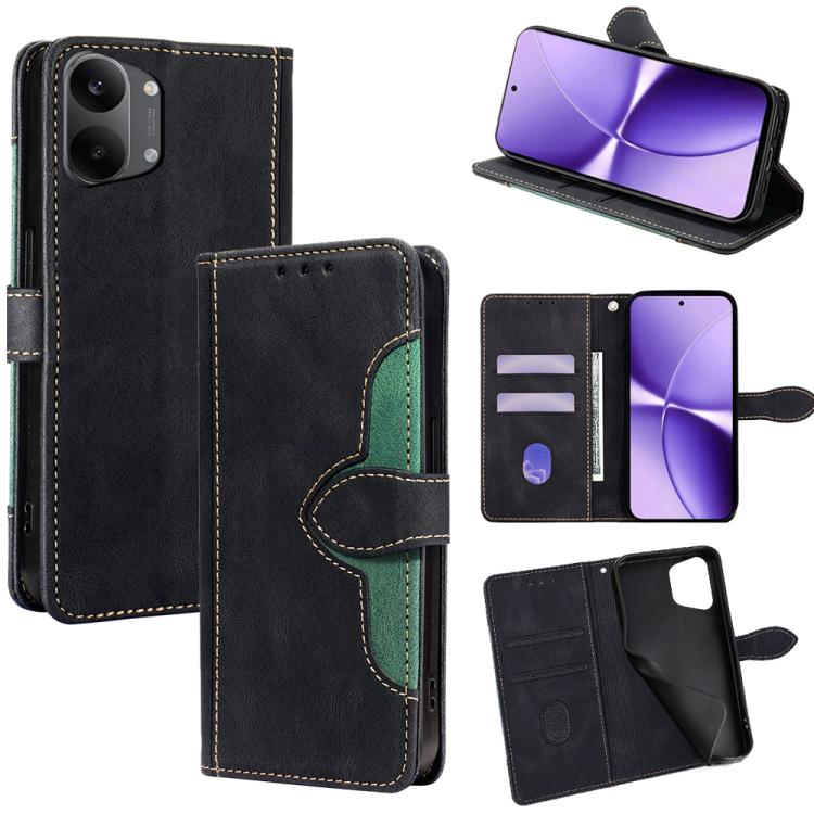 Black magnetic buckle leather phone case with flip cover, card slots, and stand
