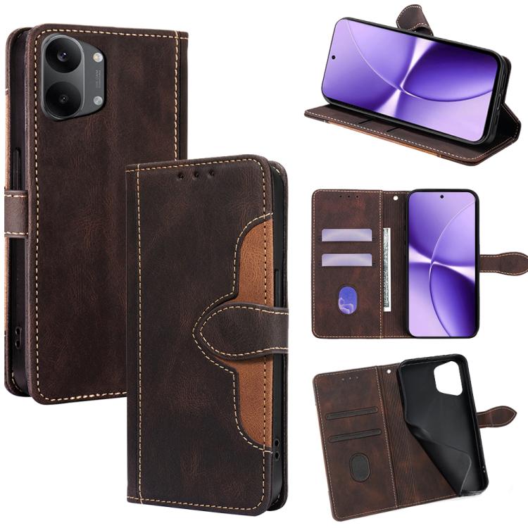 Brown magnetic buckle leather phone case with flip cover, card slots, and stand