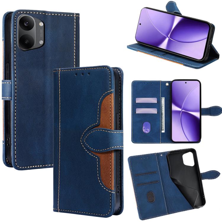 Blue magnetic buckle leather phone case with flip cover, card slots, and stand