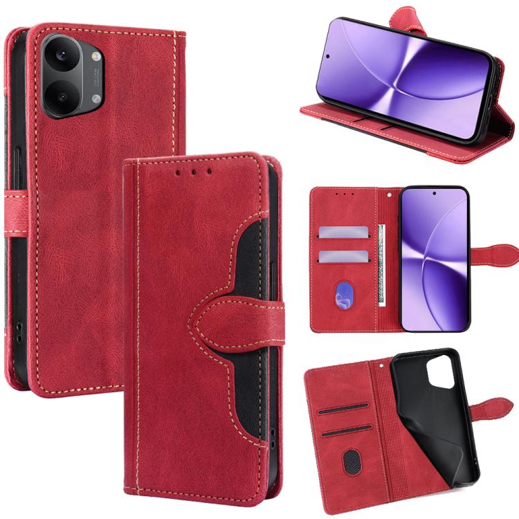 Red magnetic buckle leather phone case with flip cover, card slots, and stand