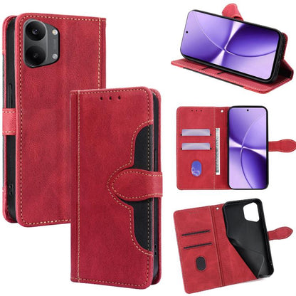 Red magnetic buckle leather phone case with flip cover, card slots, and stand