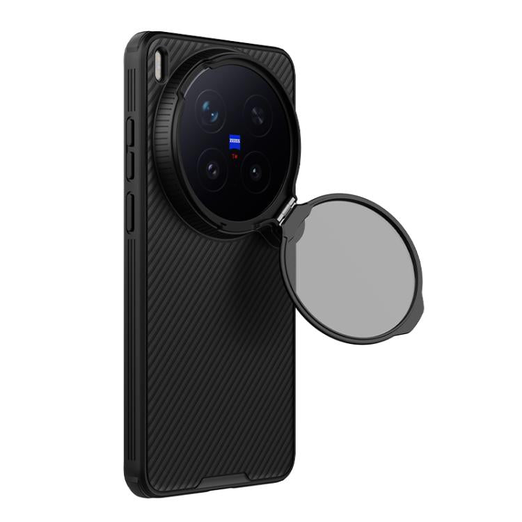 Black phone case with open lens cover and built-in magnetic stand