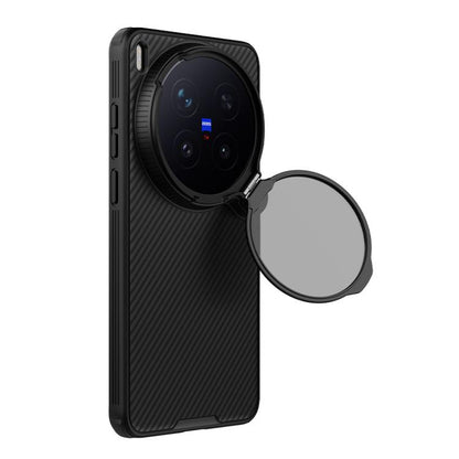 Black phone case with open lens cover and built-in magnetic stand
