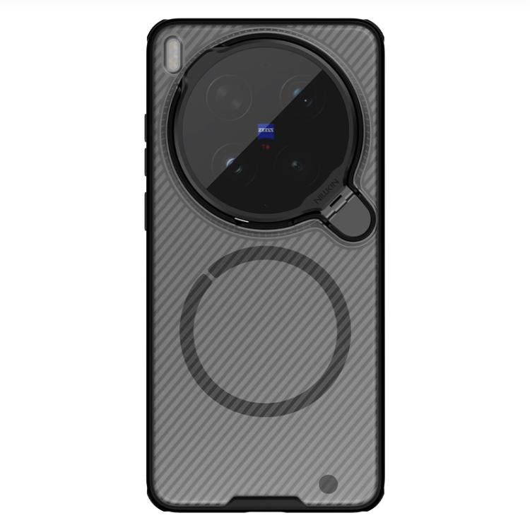 Gray carbon-texture phone case with circular magnetic area and camera lens cover